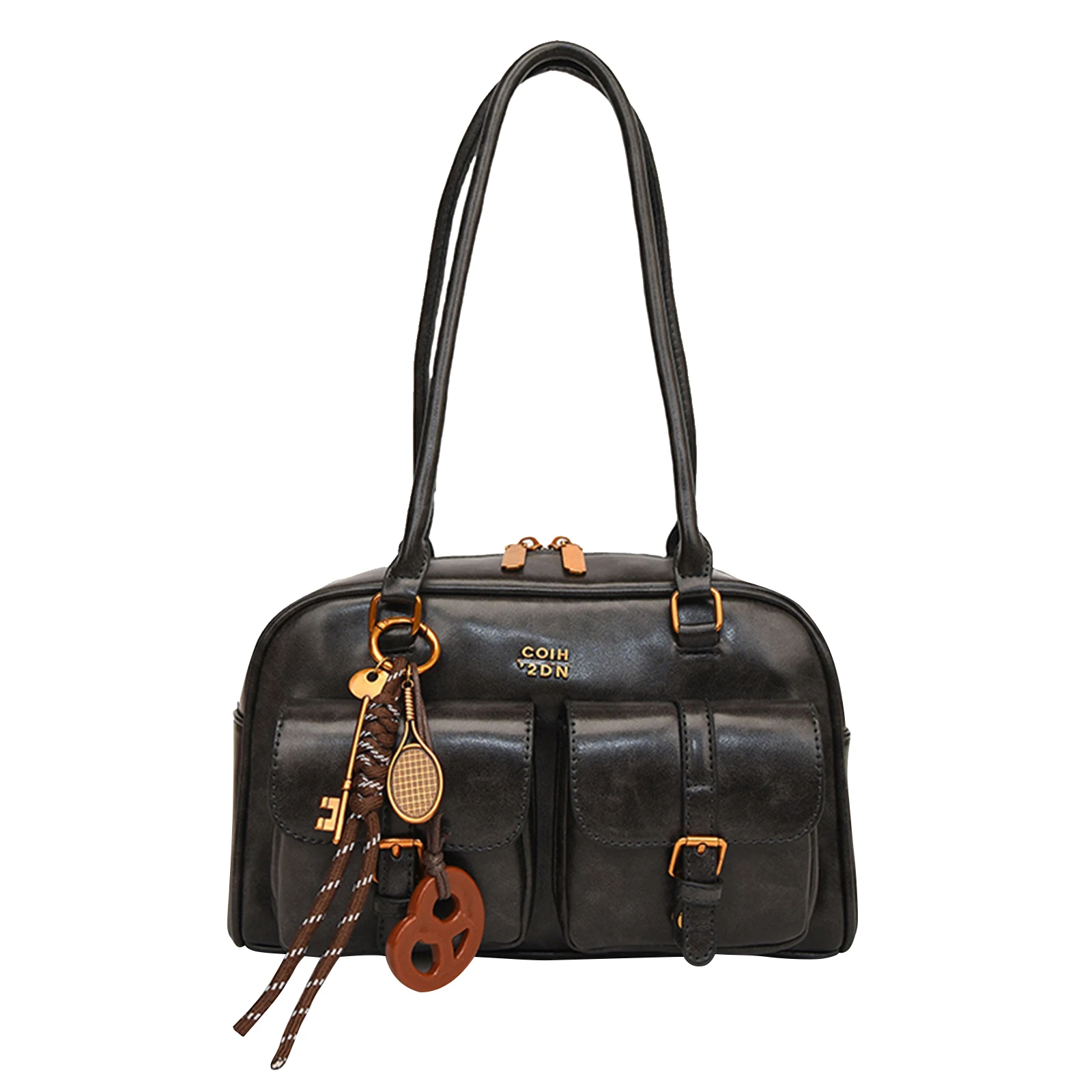 

Retro Top Handle Bag with Multiple Pockets Multi Pockets Shoulder Bag Retro Solid Color Leather Handbag for Daily Use