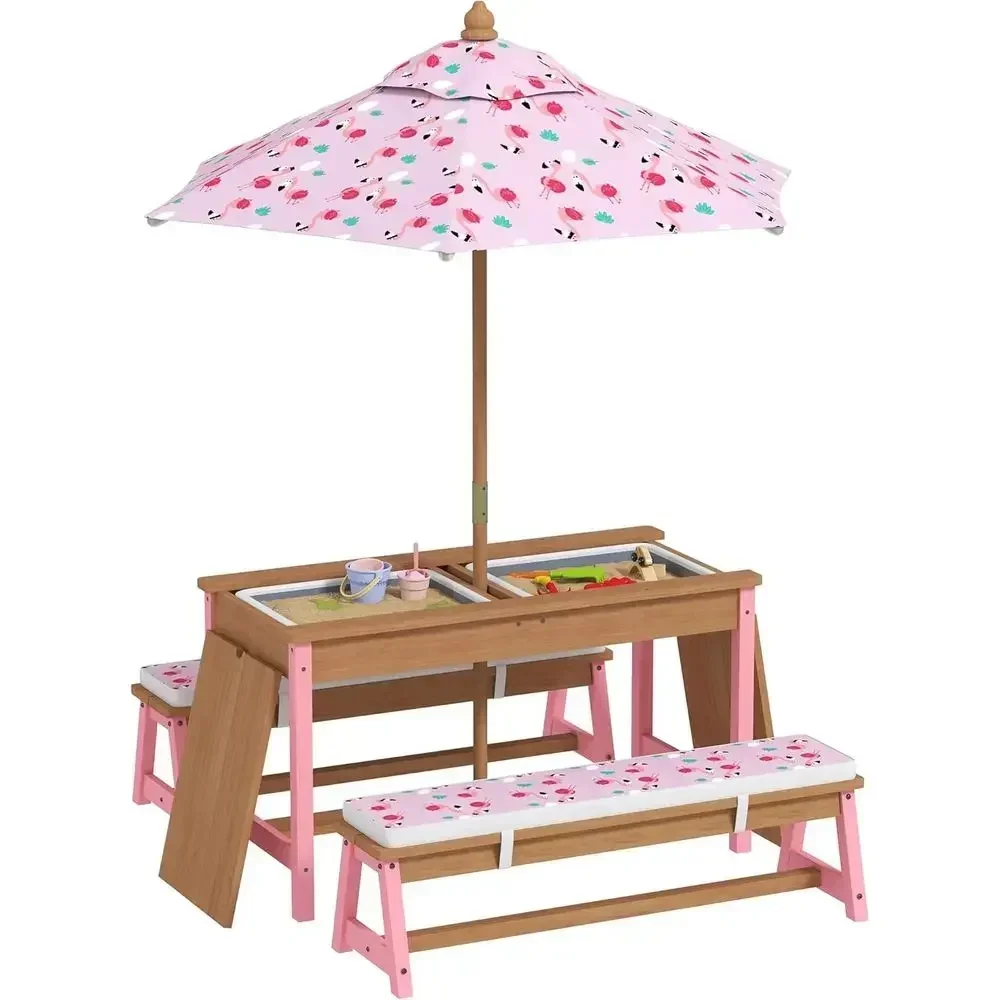 Wooden Picnic Table Set with Umbrella, Cushions, and Storage Boxes, Lamingo Theme Outdoor Furniture for Kids, Pink
