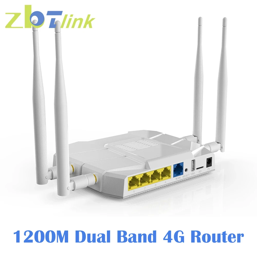 Zbtlink Sim Card 4G LTE Router Wireless Gigabit LAN 1200Mbps Speed 2.4GHz 5.8GHz Wifi USB2.0 256MB RAM Detachable 4G Antenna