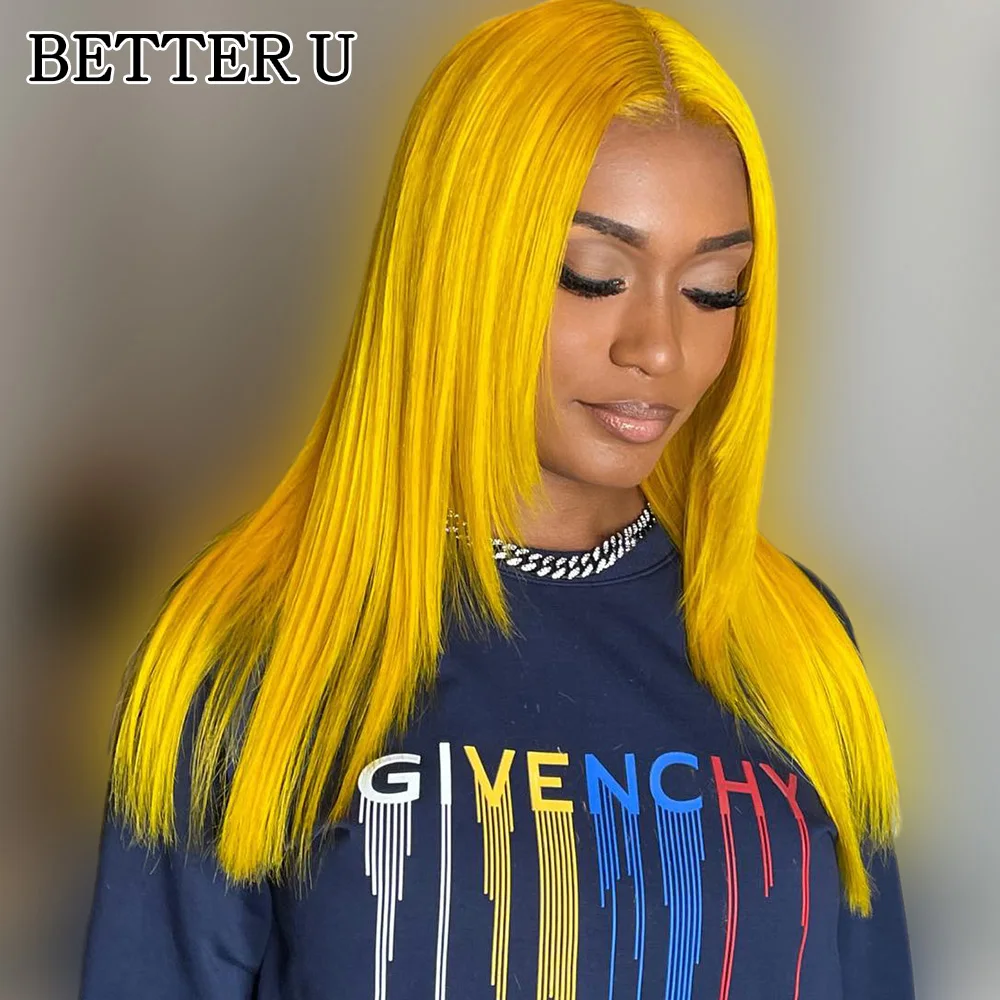 Human Hair Yellow 13X6 Lace Front Pre-Stretched Wig Transparent Lace Front Wig 13x4 High Gloss Straight Wig 250 Density