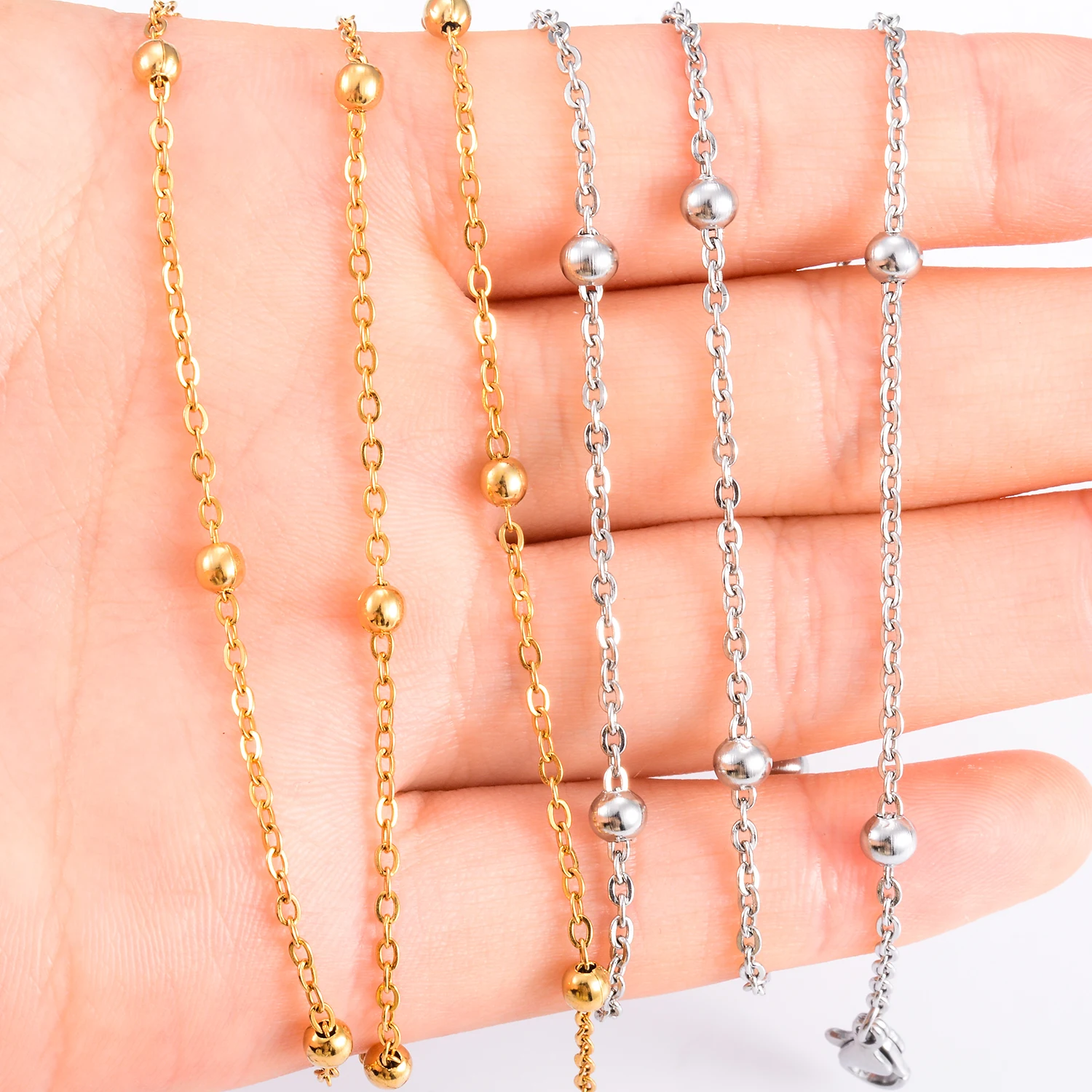 1.5mm Width Stainless Steel Gold Color Beads Ball link Chain Women Girl\'s Necklace Party Gift Jewelry