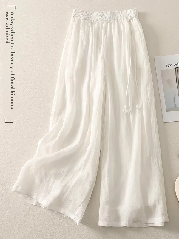 Pantalones de pierna ancha de doble capa falda mujer verano 2025 artístico Retro suelto drapeado ligero corte recto pantalones casuales de lino