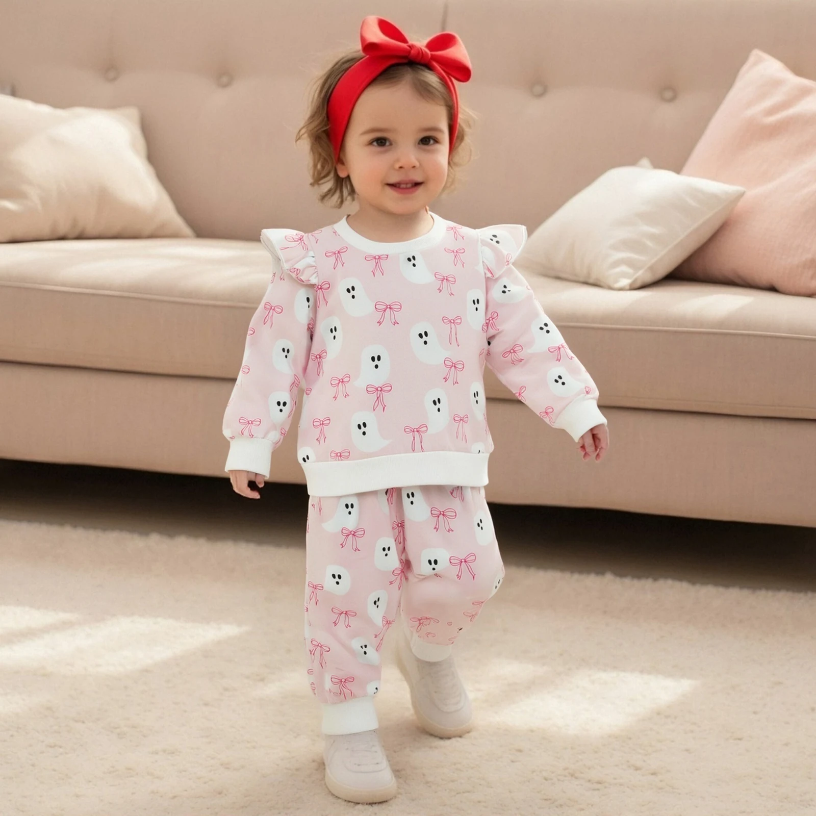 مجموعة ملابس الفتيات الصغيرات بلوفر بأكمام طويلة مطبوع عليه قرع الهالوين مع بنطال مكون من قطعتين #4