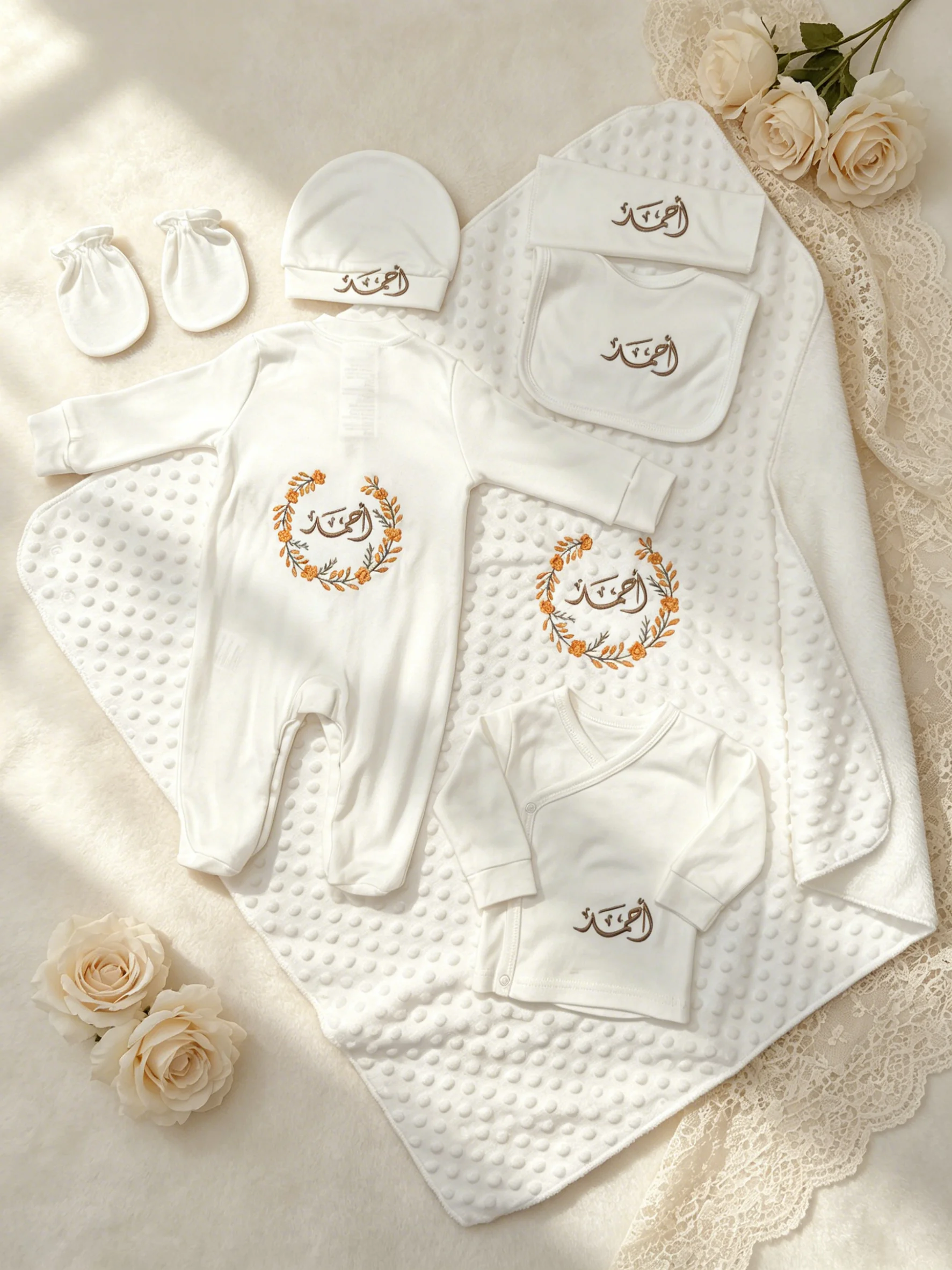 conjunto-premium-de-7-piezas-para-recien-nacido-ropa-blanca-musulmana-para-bebe-manta-de-minky-con-puntos-romper-bordado-gorro-guantes-y-babero
