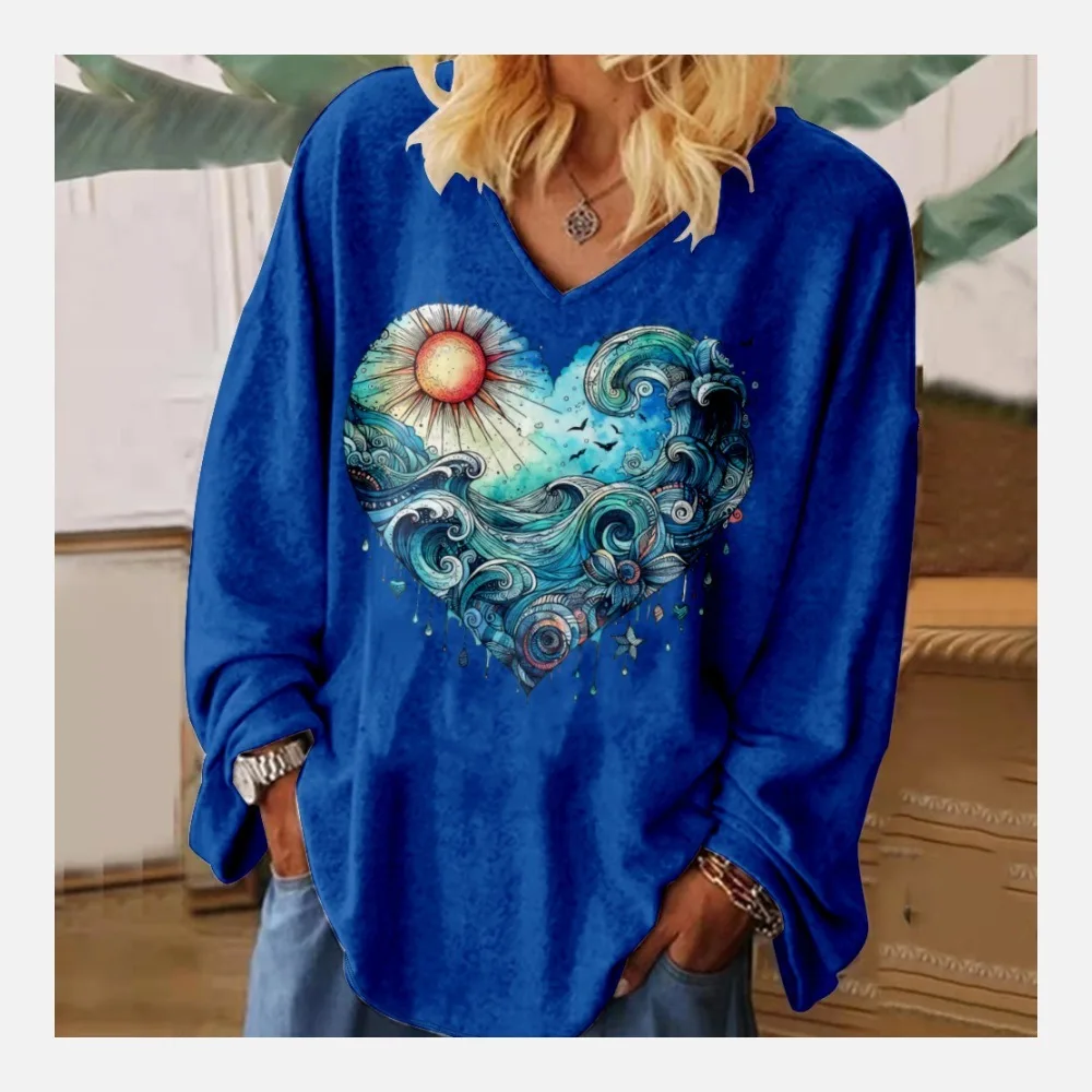 Love Myth Print Womens Long Sleeve Linen Shirts Sexy Causal V-Neck Oversized T-Shirt Solid Color Loose Top Dressy Elegant Blouse