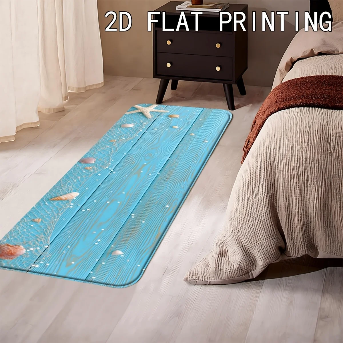 Light Blue Wood Plank Starfish Shell Fishing Net Print Runner Rug, non-slip mat for bedroom entry fresh coastal home floor decor