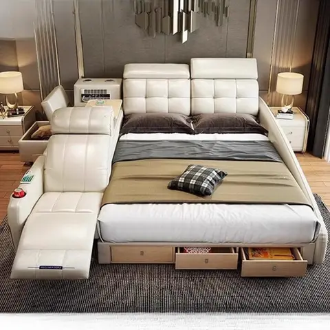Electric Storage Double Bed Multifonction Leather Tatami Massage Bed Minimalist Luxury Lit Intelligent Multifonctions Furnitures