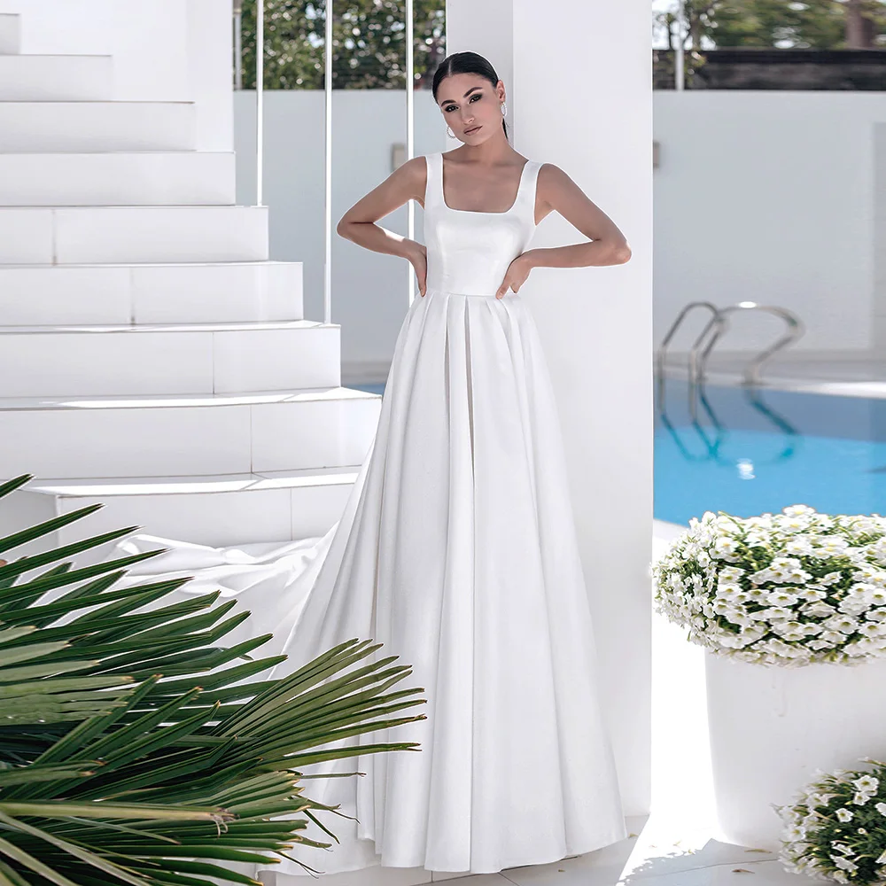 

Civil Square Neck Wedding Dress Soft Jersey Floor Length A Line Cheap Bridal Gown Sleeveless Lace Up Back Simple 2024 Summer