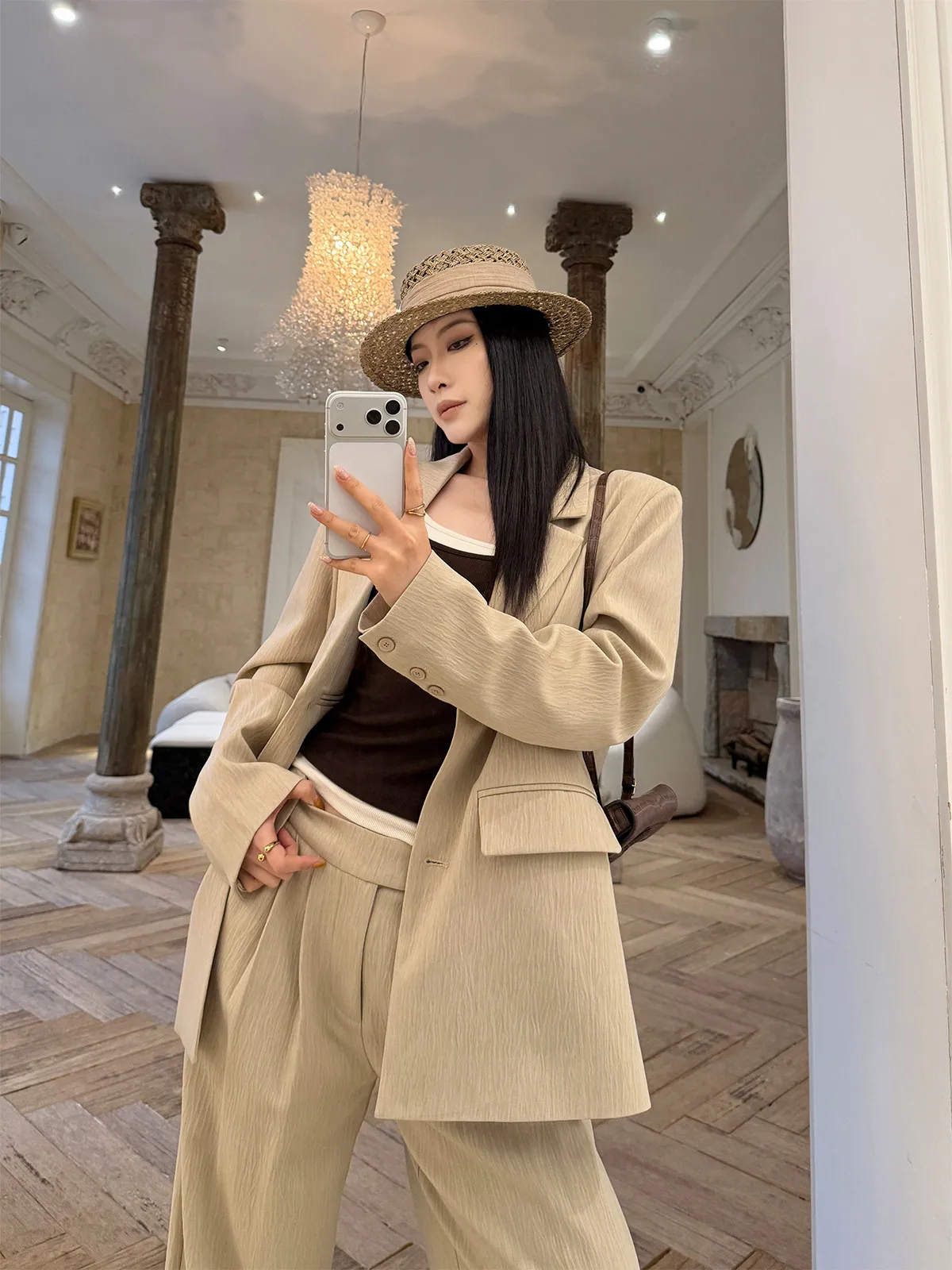 

PAPERLLL Women's Suit Set with Texture Coat And Wide Leg Pants Spring Commute Sle Long Sve Single Button Closure