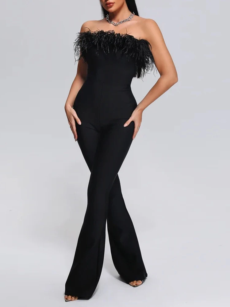 BEVENCCEL 2023 Summer Solid Black Sexy Open Back Tight Wide Leg Luxury Feather Sexy Strapless Bandage jumpsuit Women Jumpsuits