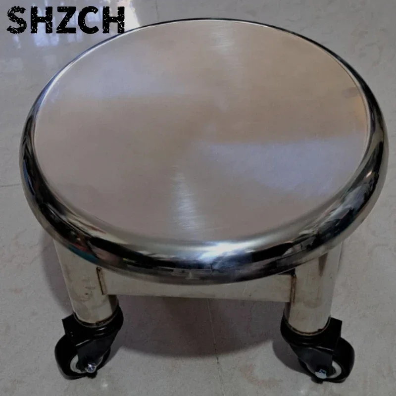 Stainless Steel Rolling Low Stool Silent Caster Round Stool for Entrance Heavy-Duty Pedicure Seat 360-Degree Swivel Work Stools