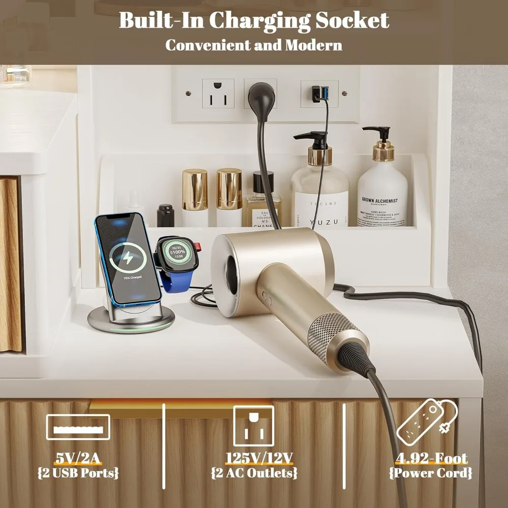 مكتب زينة بزاوية 44 بوصة مع مرآة وأضواء، مكتب زينة للمكياج مع مخرج طاقة، مكتب مكياج مع 5 أدراج وأرفف تخزين، زينة #6