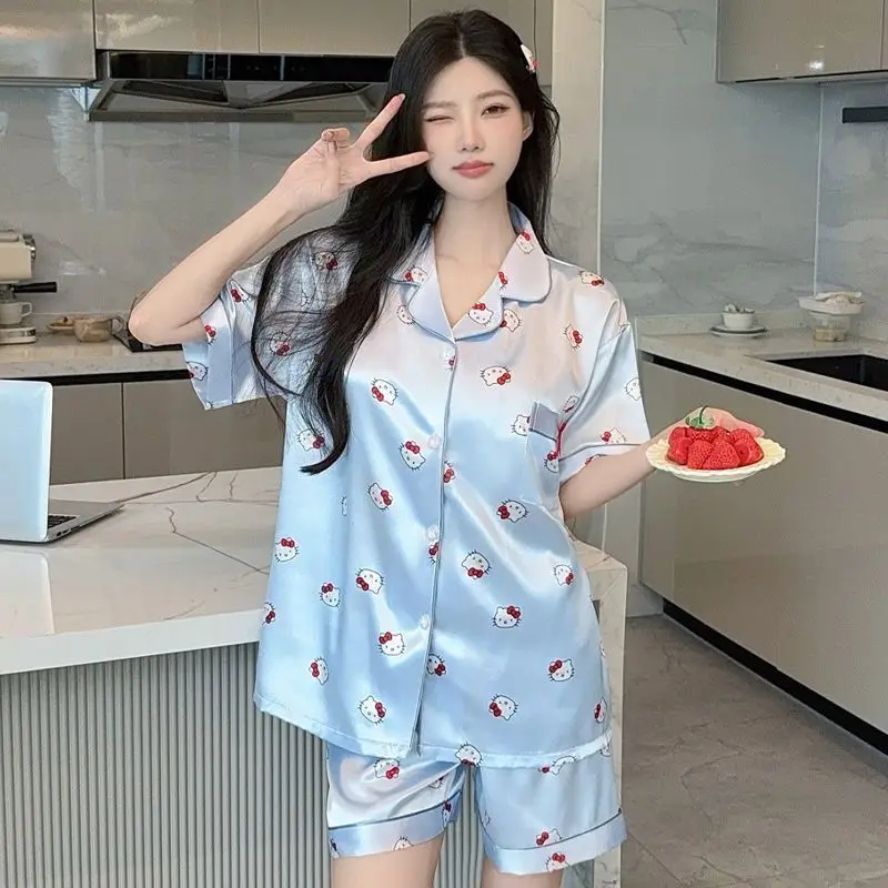 

Sanrio новый пижамный комплект Hello Kitty ледяной шелковистый костюм для девочек, летняя высококачественная милая домашняя одежда с короткими рукавами, подарки на открытом воздухе
