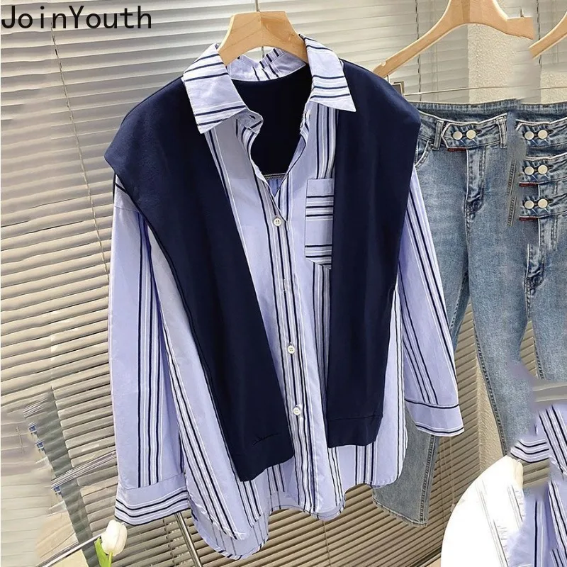 Striped Shirts Fashion Long Sleeve Korean Blouses for Women 2024 Camisas De Mujer Fake Two Casual Blouse Vintage Oversized Tops