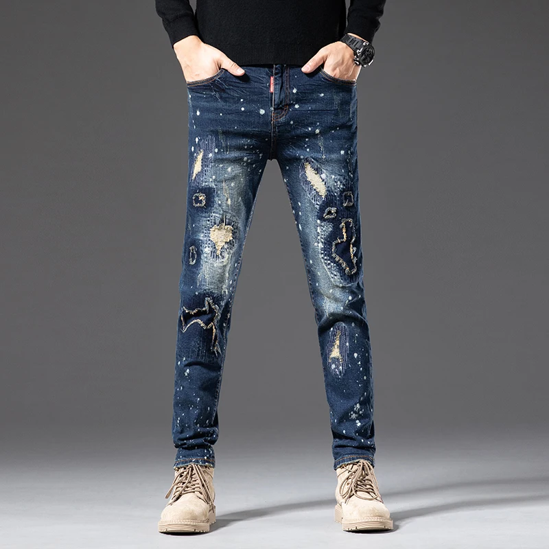 

Autumn new European and American version slim fit small straight leg embroidered patch cotton stretch men's jeans