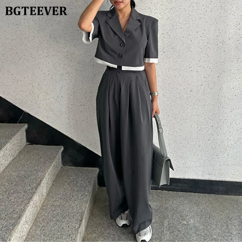 

BGTEEVER Women's Summer Trouser Suit Elegant Blazer 2 Pieces Sets High Waist Wide Leg Pants Patchwork Jacket Outfits Ladies