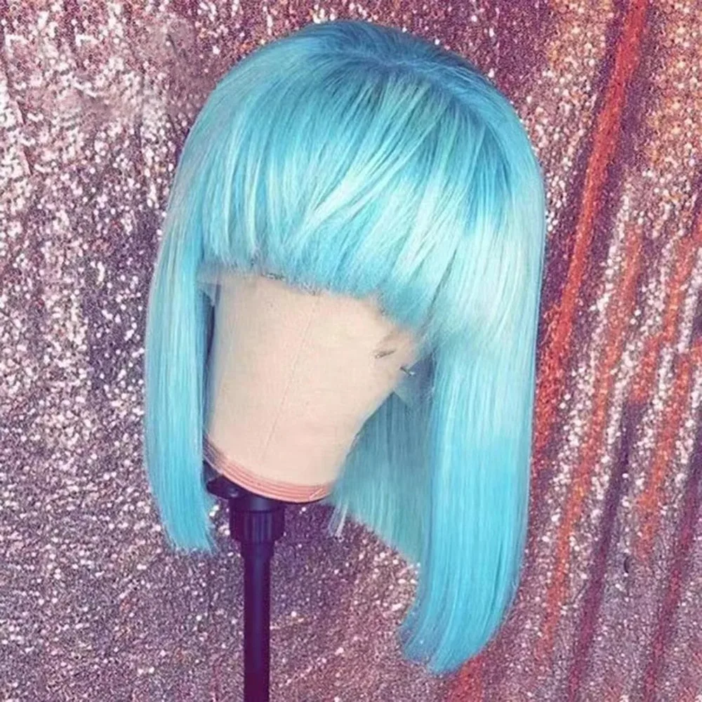 Light Blue Short Bob Lace Front Wig with Bangs 13x4 HD Straight Wig Synthetic Black /Blonde Cosplay Makeup Use On Clearance Sale