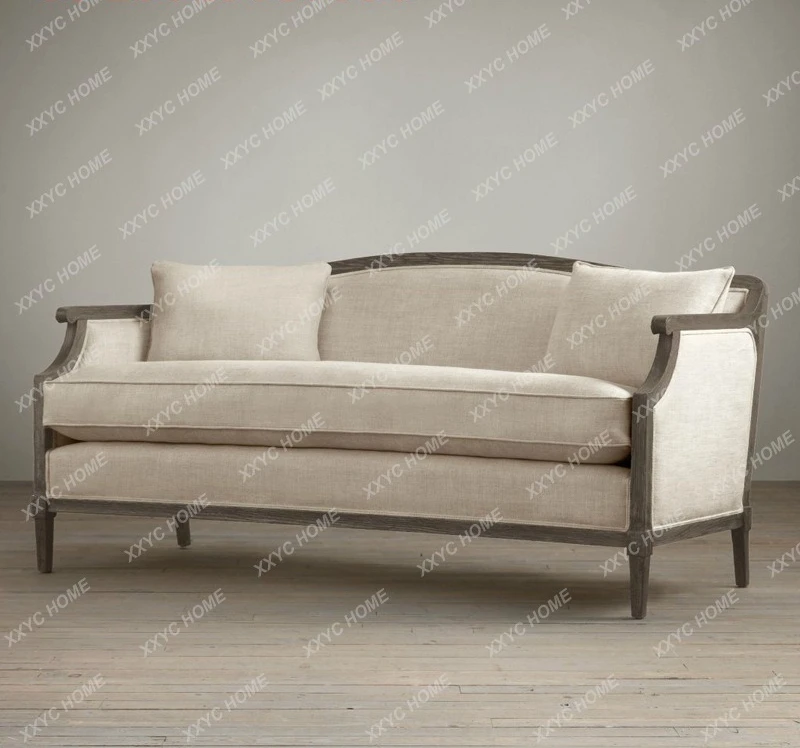 SS Solid wood old sofa,  antique white sofa, linen fabric sofa, living room, three-person sofa can be removed and washed