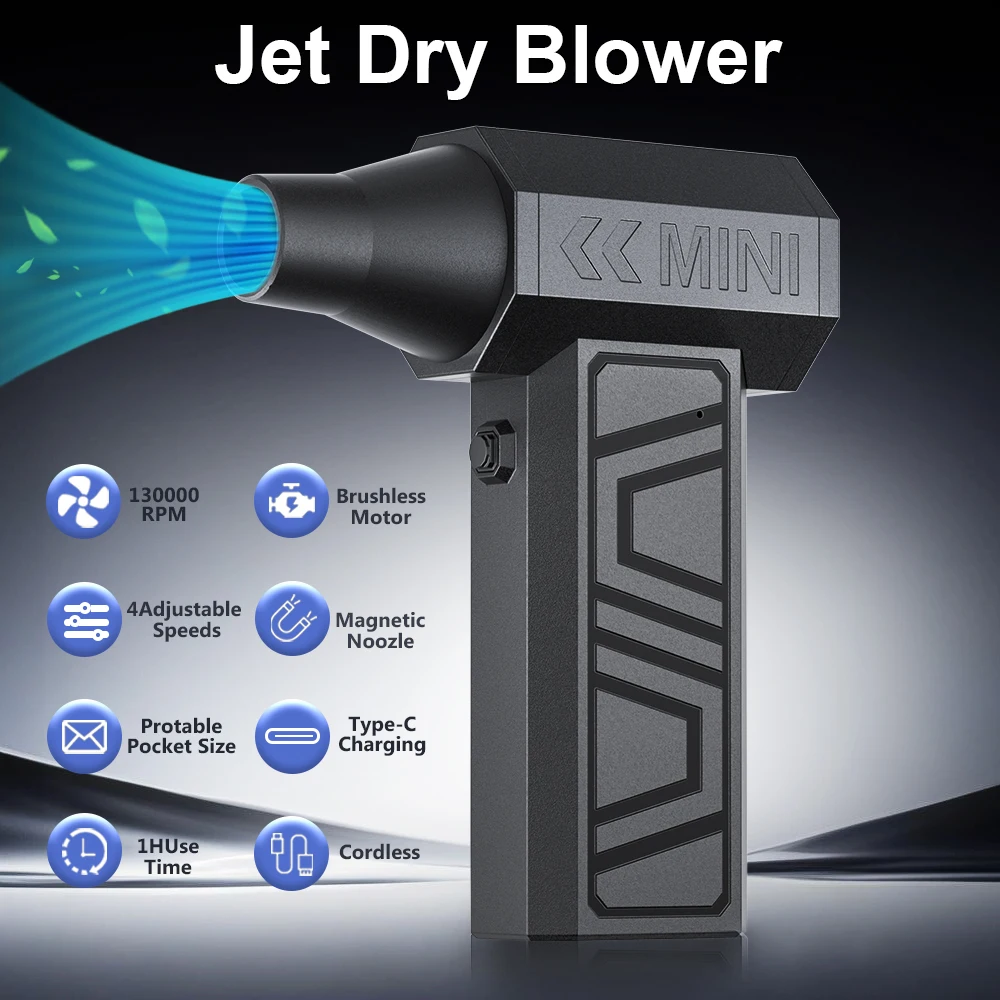 Electric Air Duster Turbo Fan 5 Outlet Nozzles Type-C Charging 130000RPM Cleaning Jet Blower Tool Blowing Snow Car Fan Portable