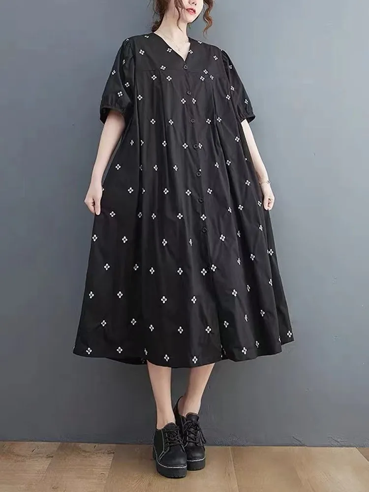 루즈핏 자수 코튼 버블 슬리브 브이넥 맥시 드레스 여성 플러스 사이즈 여름 슬리브리스 한국 버전 A라인...