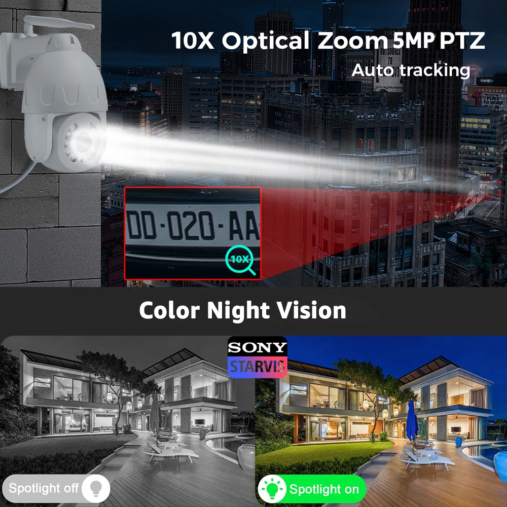 5MP 5X/10X Optical Zoom WiFi PTZ IP Camera Outdoor Color Night View Human Detect Auto Tracking CCTV Surveillance Security Camera