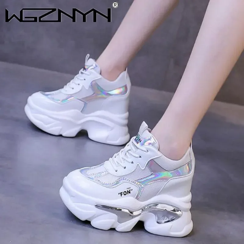 Designer Platform Sneakers Women Fashion Thick Sole Sports Shoes Ladies 11CM Wedges Casual Shoes For Woman Leather White Shoes