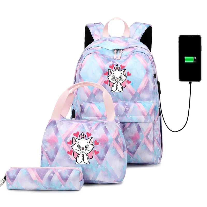 

3pcs Disney The Aristocats Marie School Bags For Teenager Women Men USB Charging Travel Backpack Mochila Casual Book Bags Sets