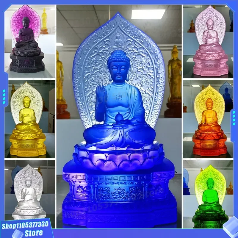 Oriental Three Saints Glazed Buddha Statue Pharmacist Sunlight Moonlight Bodhisattva for Temple Worship Altar Home Decor