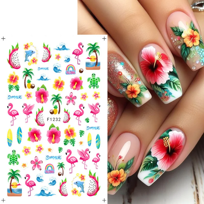 Summer Nail Stickers Flamingo Monkey Coconut Tree Palm Leaf Flower Decals Cute Ocean Animal Shell Starfish Coral Slider Decor