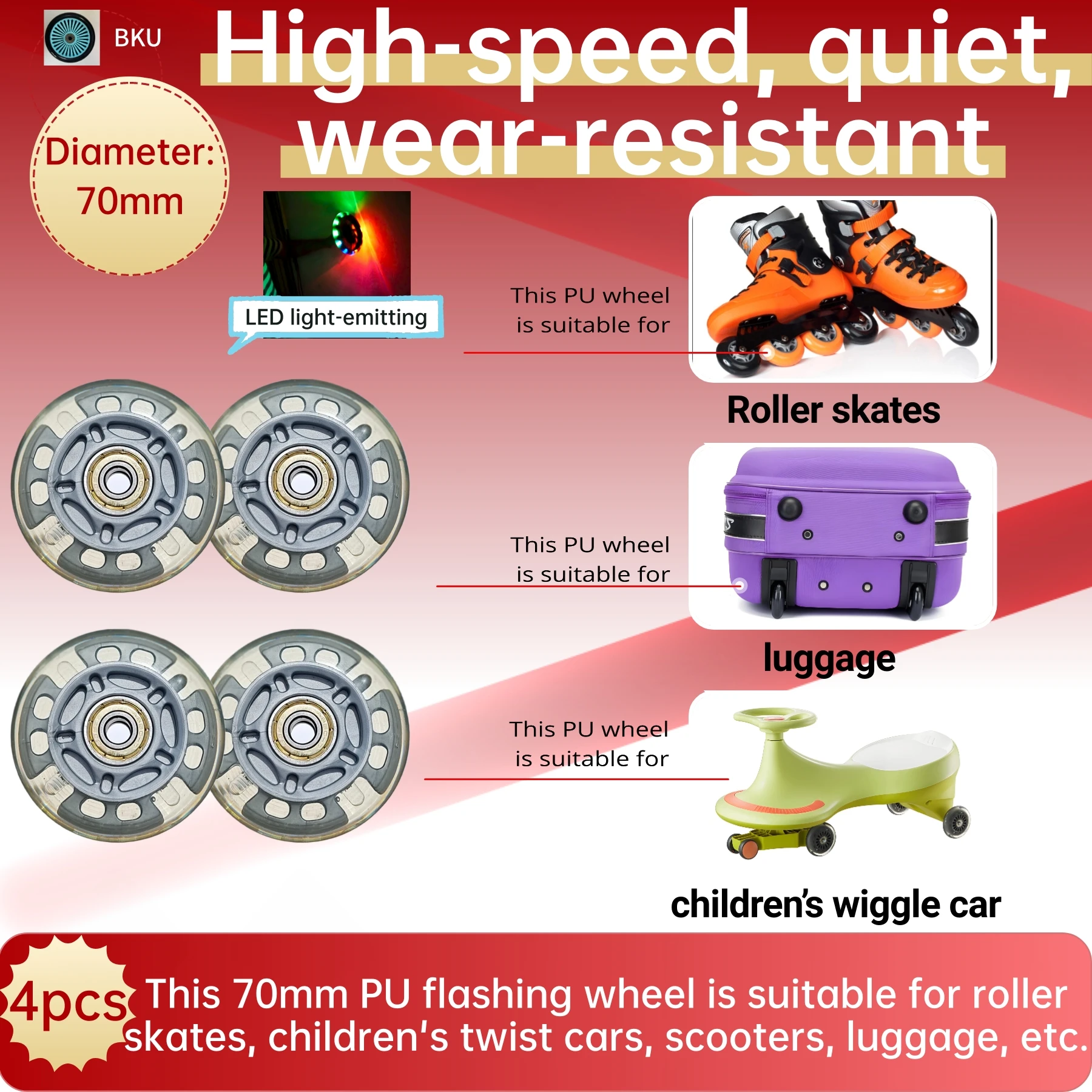 عجلات تزلج دوارة من البولي يوريثان مضيئة بإضاءة LED للأطفال، فلاش صف واحد، عجلات متوهجة للدراجات البخارية، دراجات الأطفال، 70 مم، 4 قطع