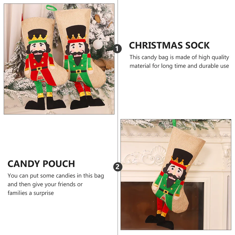 

Christmas Stocking Gift Bag Pouch Linen Material Sock Holder Nutcracker Soldier Xmas Present Kids Favor Snack