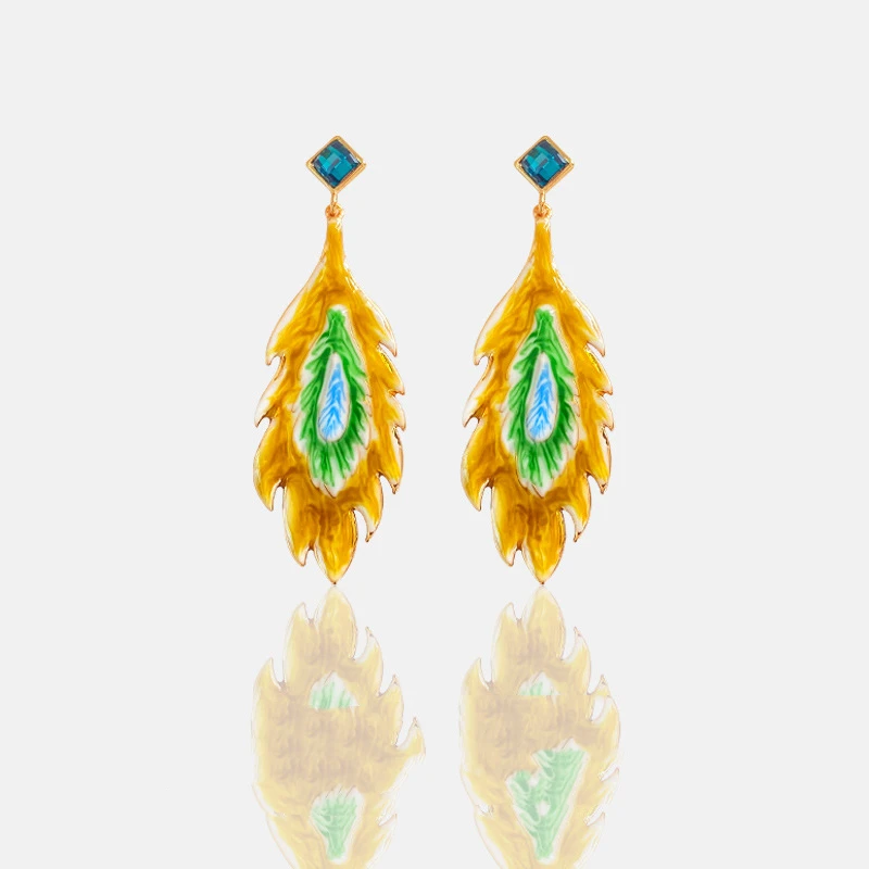 

Fashion Vintage Summer New Trendy Long Dangle Peacock Feather Hand-painted Enamel Earrings for Women Wholesale Fairy Grunge Y2k