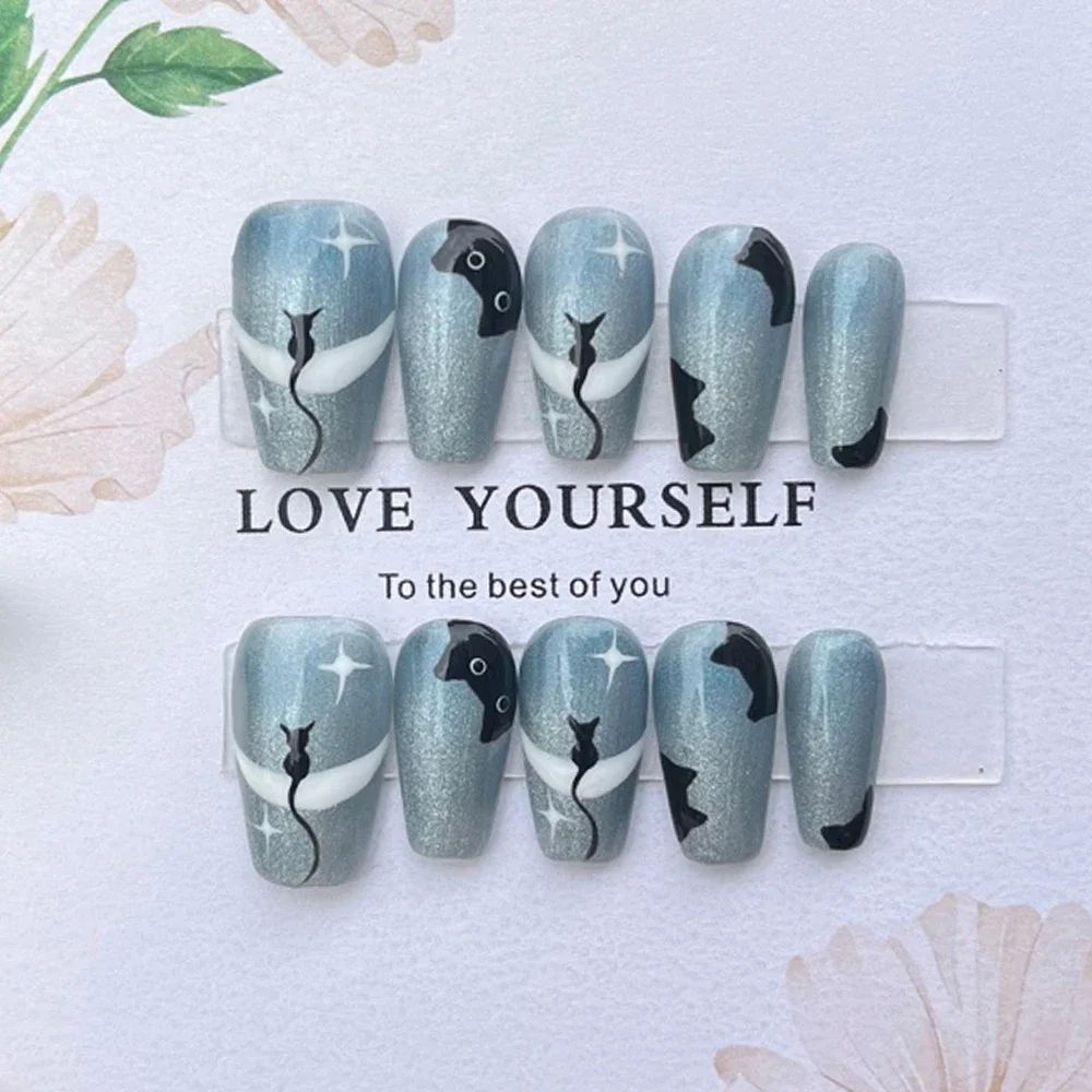 다채로운 짧은 사각형 라운드 그라디언트 재사용 가능한 전체 커버 네일 하이 엔드 꽃 고양이 눈 가짜 손톱에 다이아몬드 인공 프레스