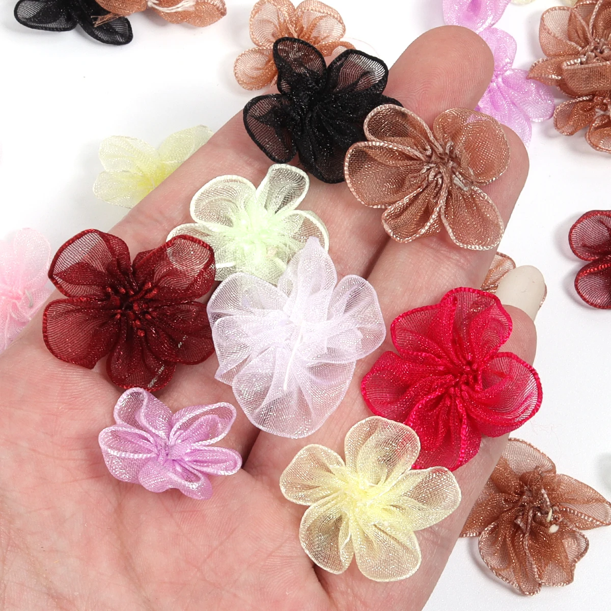 20pcs Multicolor Lace Five Petal Flowers Appliques Organza Fabric Artificial Flower For DIY Crafts Clothes Sewing Wedding Decor