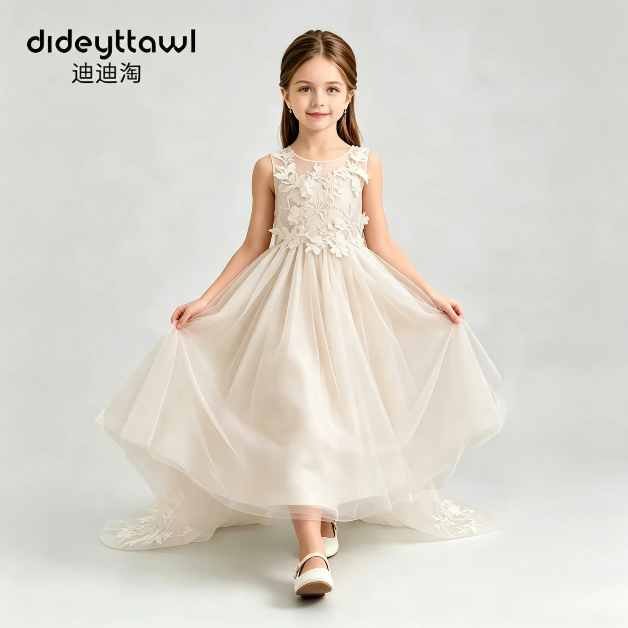 Flower Tulle Long Dress Sleeveless 3D Floral Applique Trailing Gown Champagne Kids Wedding Birthday Party Pageant Formal Party