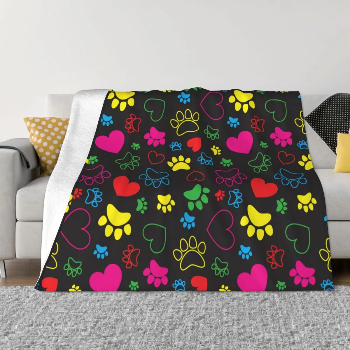 Cute Animal Paws Cat Dog Fleece Blankets Colorful Hearts Awesome Throw Blanket for Home 200x150cm