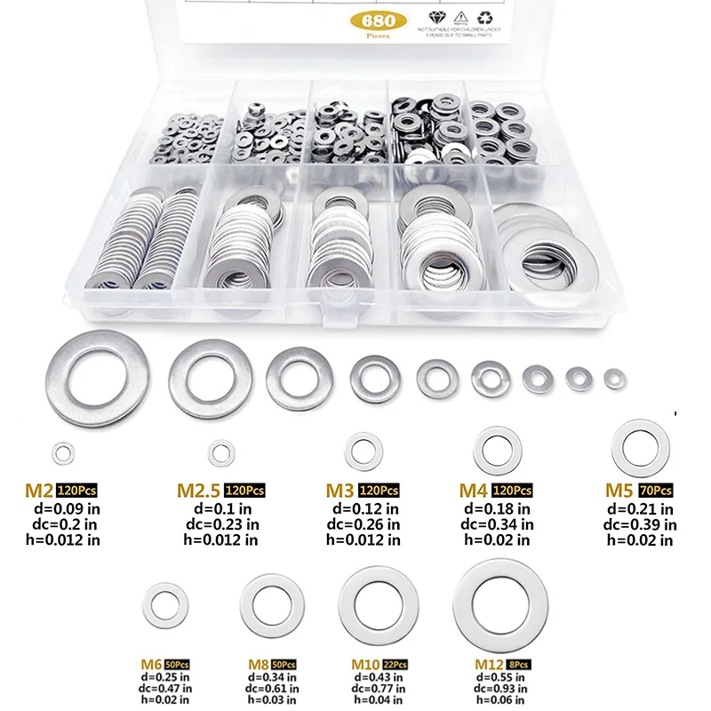 Arandela plana de acero inoxidable 680 piezas, M2, M2.5, M3, M4, M5, M8, M10, M12, combinación de juntas de arandela lisa, Kit surtido de aceite de tapón de sumidero