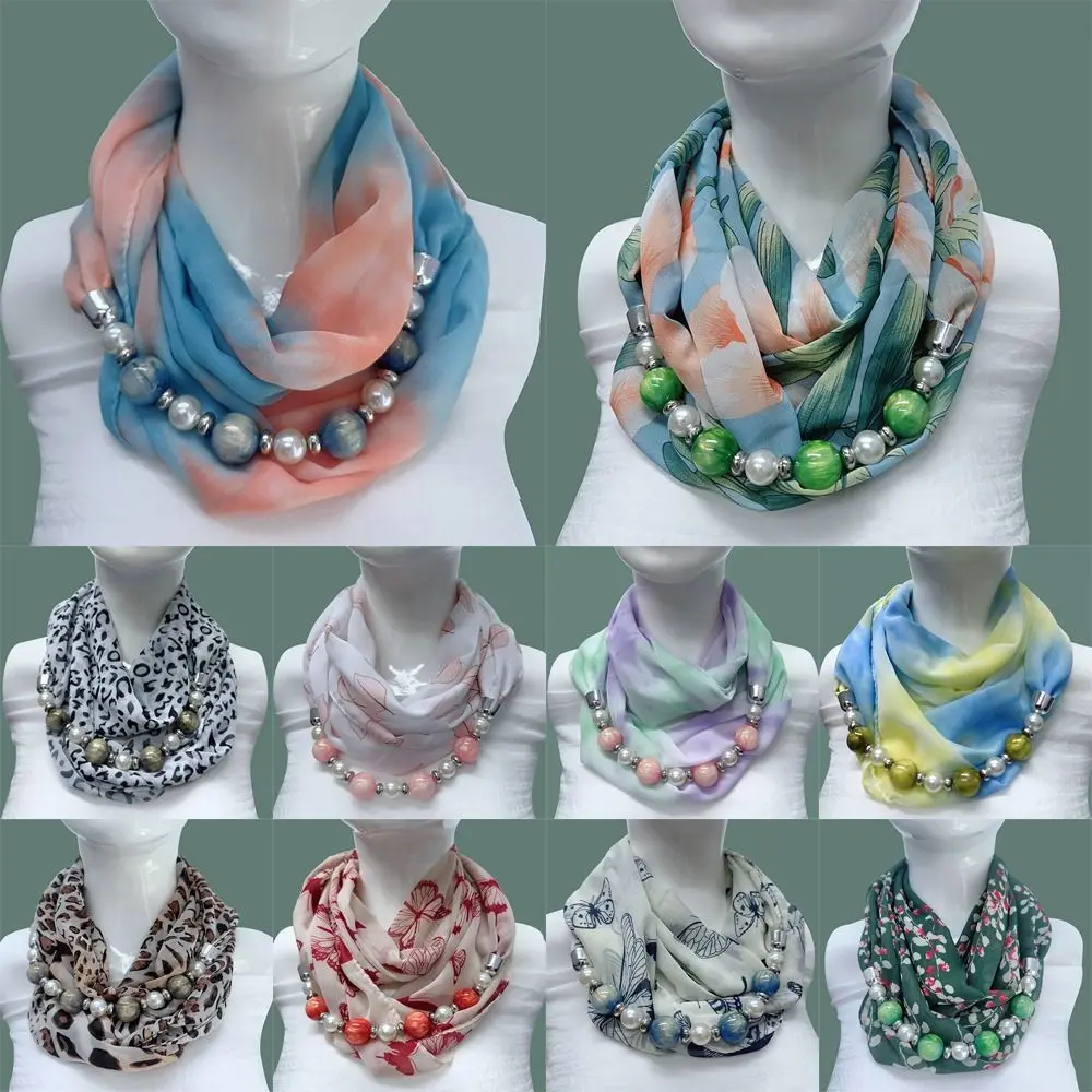 Chiffon Material Chiffon Scarf Classic Sun Protection Pearl Bead Chain Neck Scarf Windproof Beach Scarf Women's
