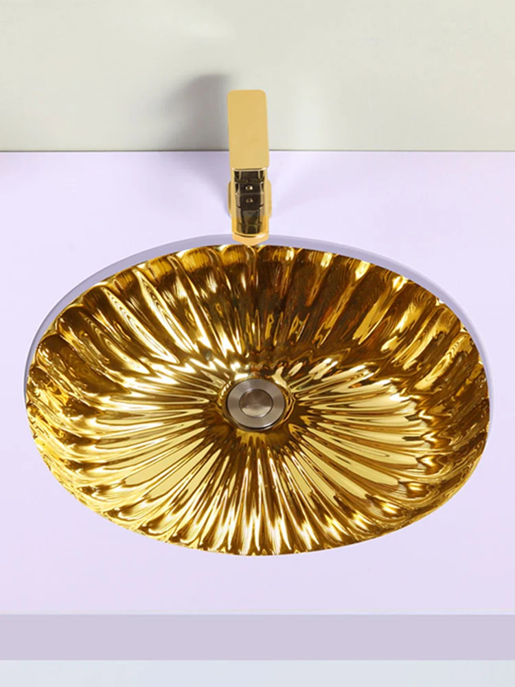 Electroplated colored gold silver ceramic sink with embedded European style bathroom cabinet and circular washbasin