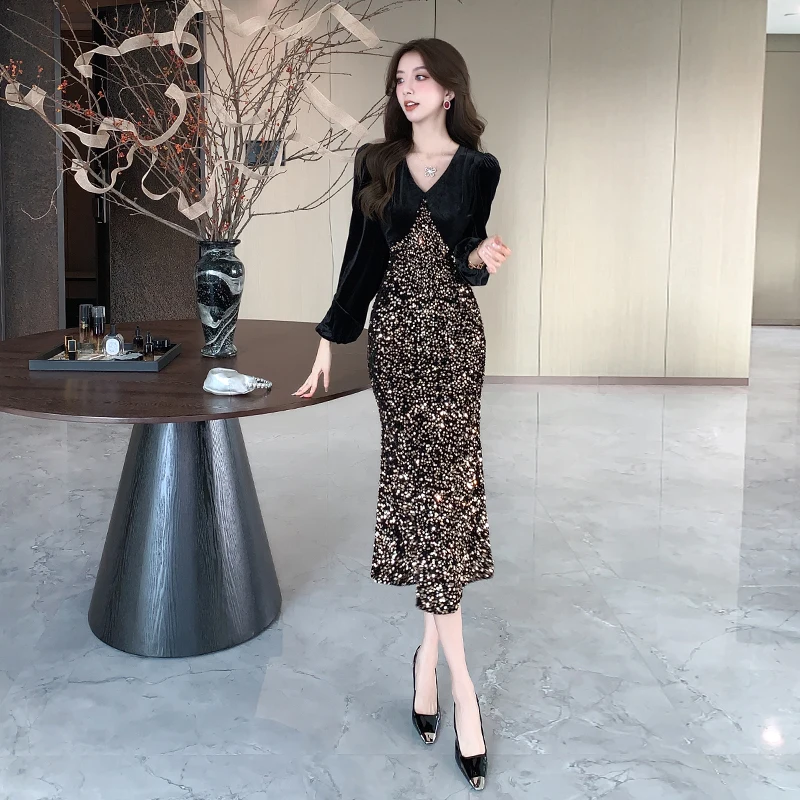 2024 Autumn Winter Prom Party Midi Clothes Elegant Women V Neck Velvet Spliced Sequin Puff Sleeve Split Bodycon Evening Dresses