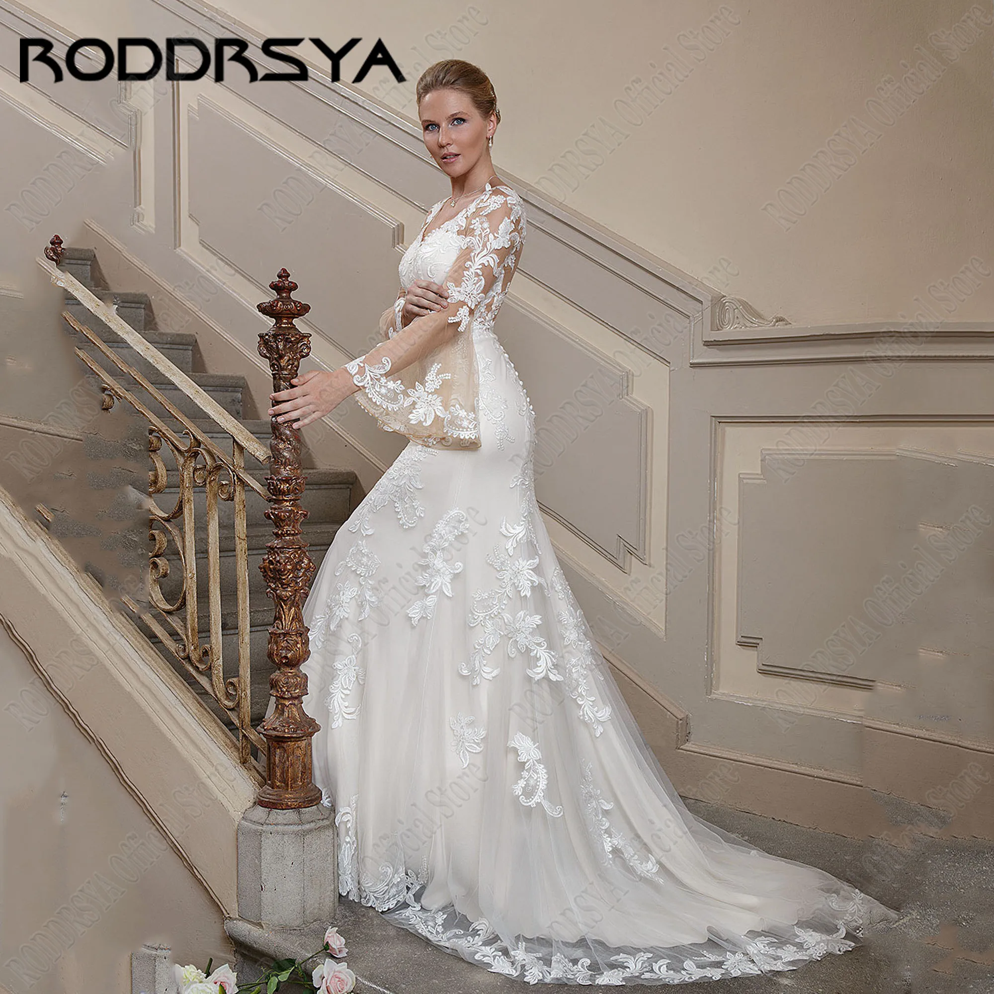 RODDRSYA abiti da sposa in pizzo con scollo a v a sirena personalizzati maniche svasate Applique Button Back Robe De Mariée abiti da sposa di lussoRODRSYA Personalizzato Mermaid V-Neck Pizzo Abiti da sposa Flare Manich