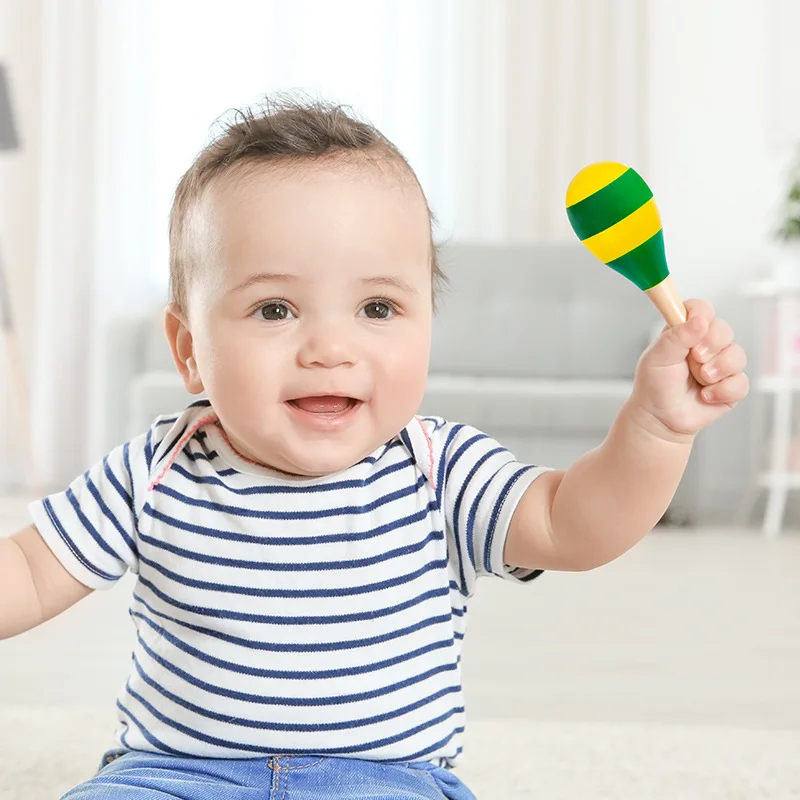 Maraca Rattles de madeira Shaker Percussão Crianças Holds Musical Toy Cartoon Sand Ball Martelo de areia de madeira Auditivo Ringing Exercício