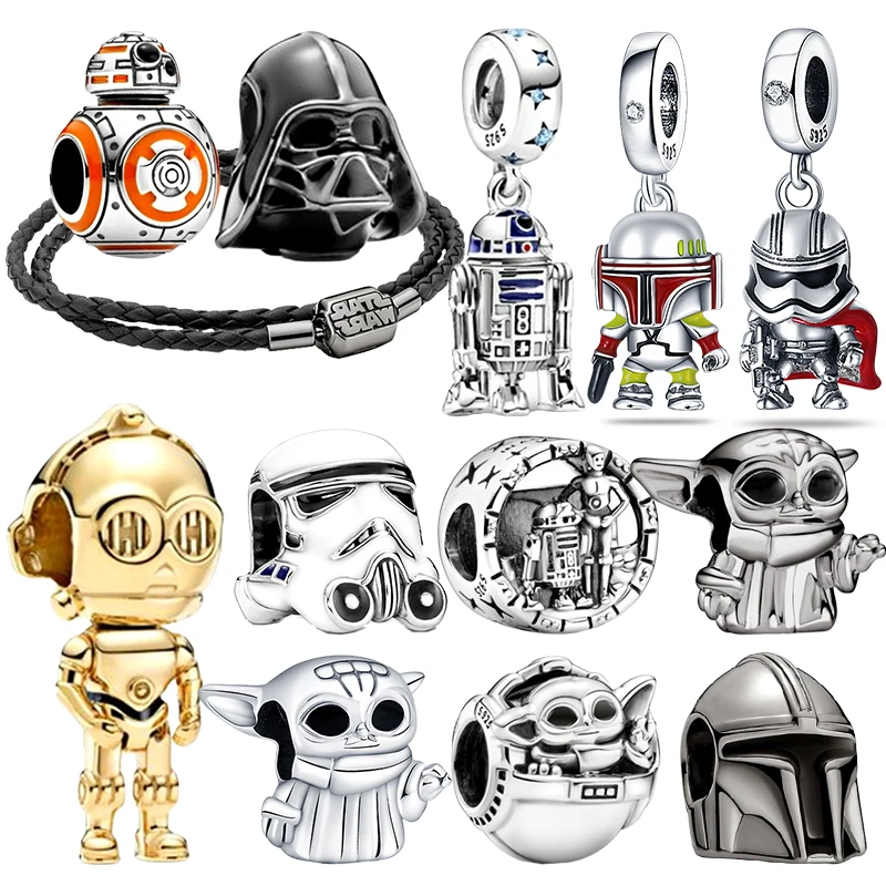 Pingente de Prata Esterlina 925 Star Wars Guerreiro Sombrio Capacete Droid de Guerra, Compatível com Pulseiras Femininas Originais, Joias DIY, Presentes