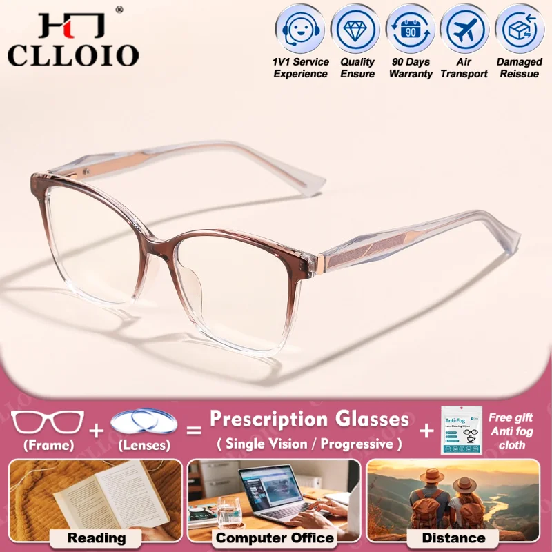 

CLLOIO Vintage Women's Myopia Hyperopia Photochromic Computer Glasses Anti Blue Light Multifocal Prescription Customized Eyeware