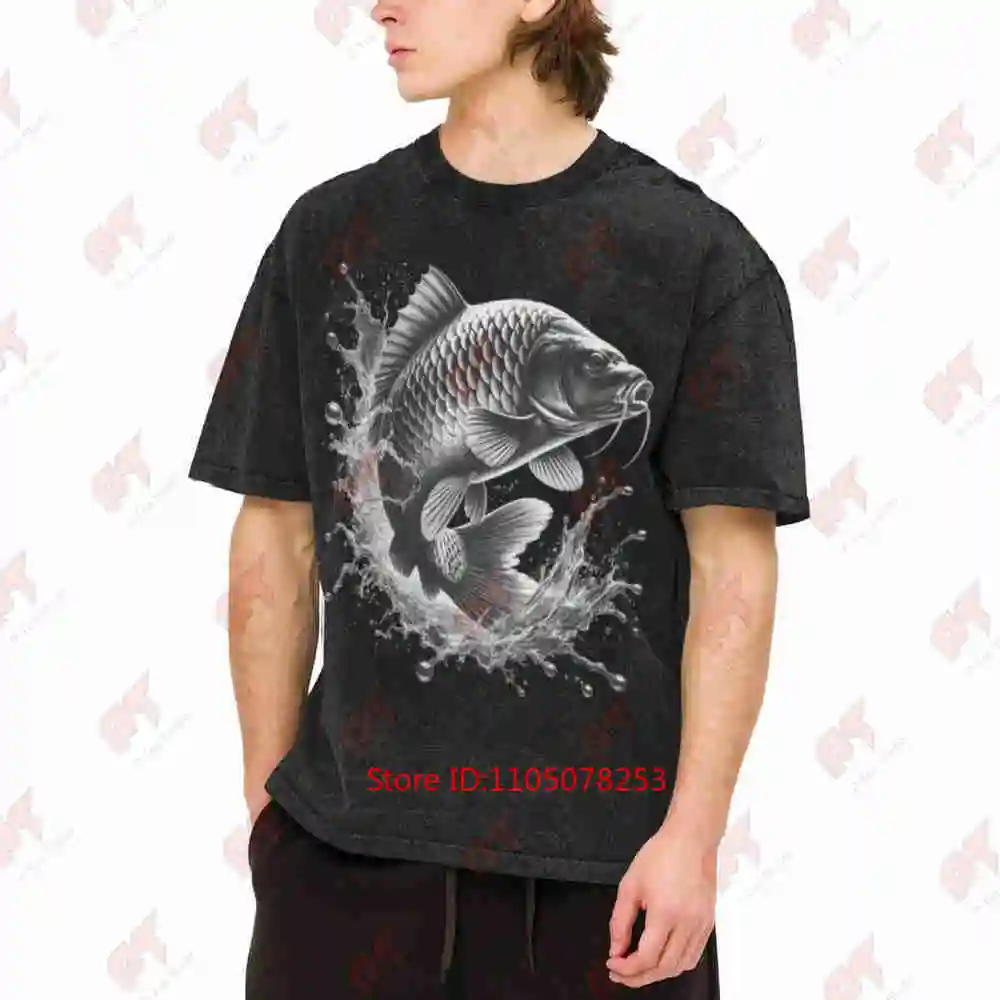Carp Jumping Out Of The Water Fish Design Fishermen Vintage Washed Tee Pure Cotton T-Shirt