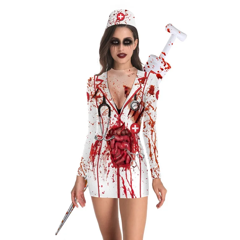 

Halloween Nurse Zombie Cosplay Long Sleeve Dress Festive Ladies Play Costume Horror Woman Nurse Play Skirt