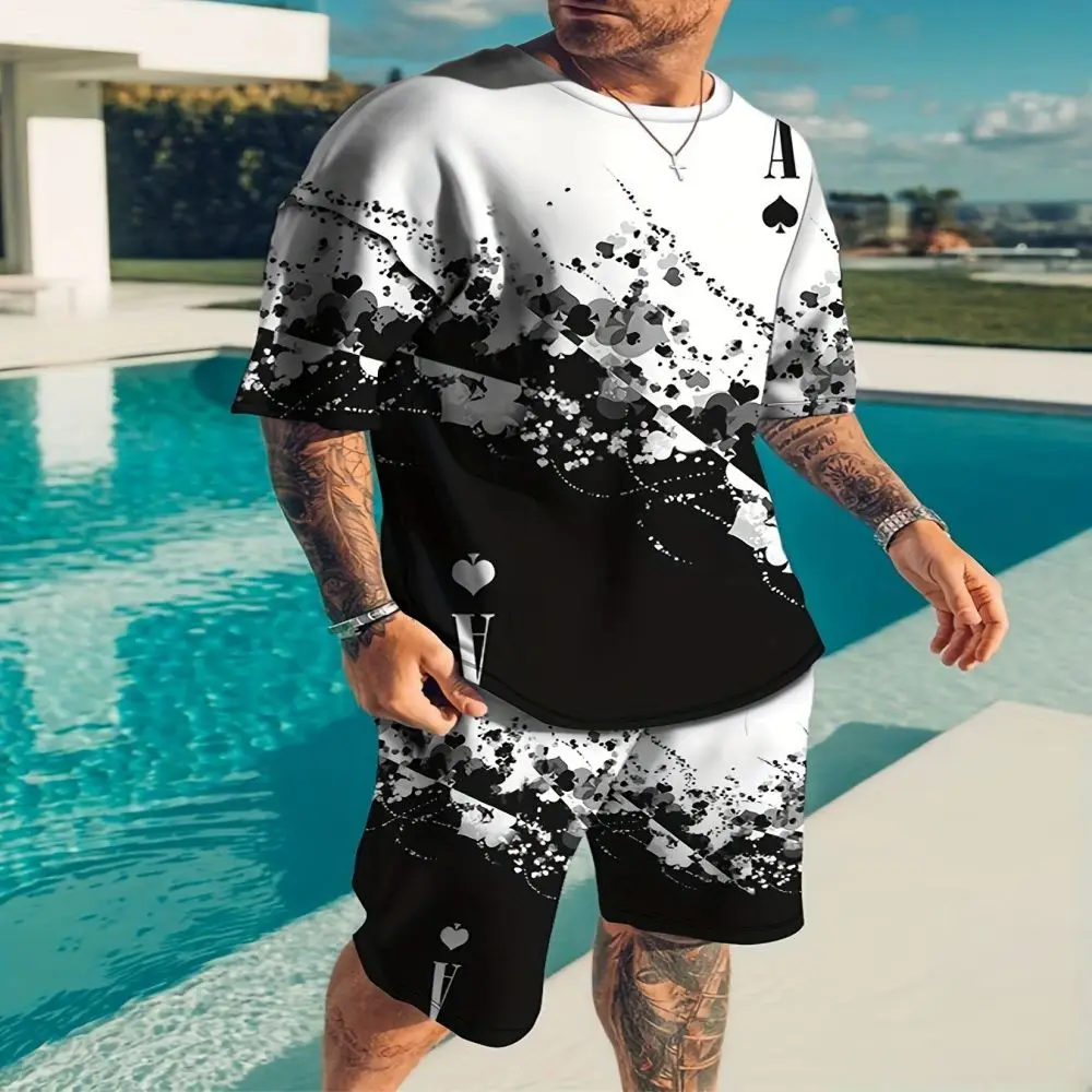 Terno de shorts com estampa floral 3D masculino, camiseta e calça extragrande, roupa esportiva respirável, verão