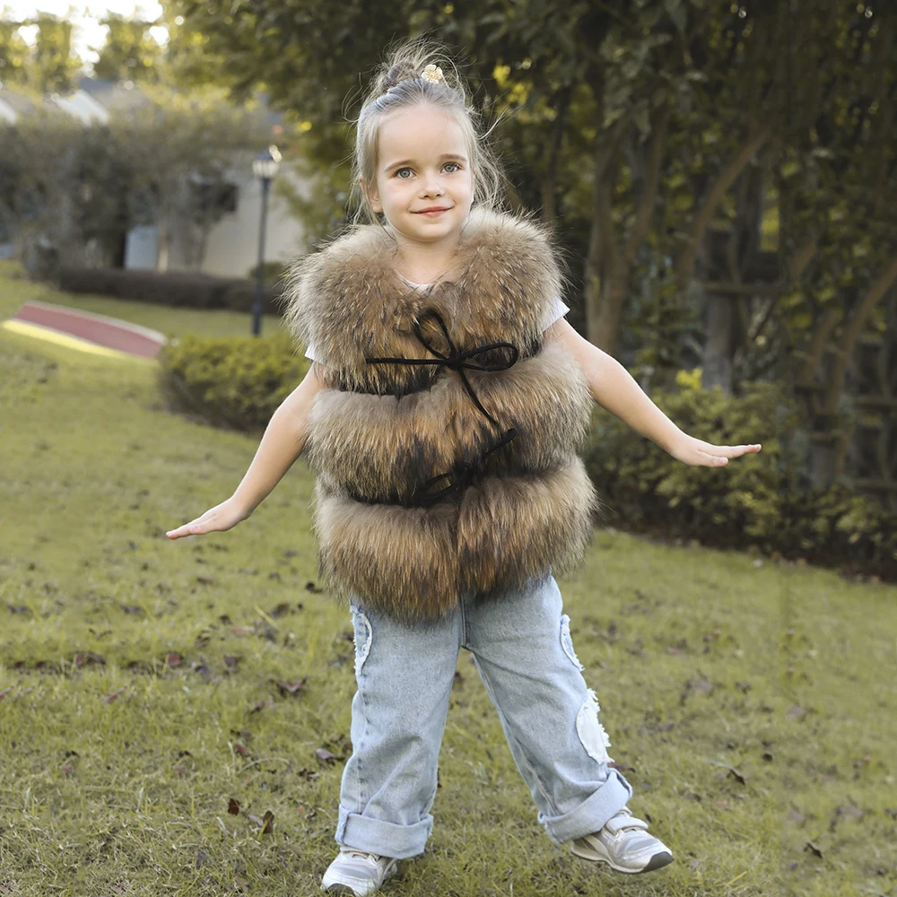 JANEFUR-colete de pele real para mãe e filha, casaco natural sem mangas de guaxinim para mulheres, casaco quente de luxo para meninas, tamanho grande, 2023