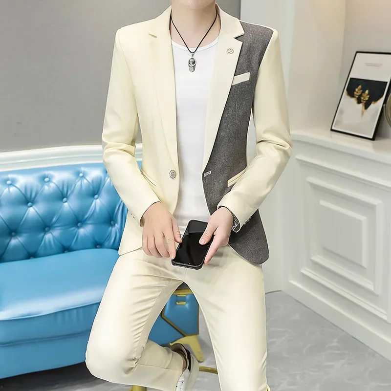 2024 Men\'s Dual-Color Patchwork Casual Suit Youth Autumn Slim Handsome Suit Two-Piece Suit