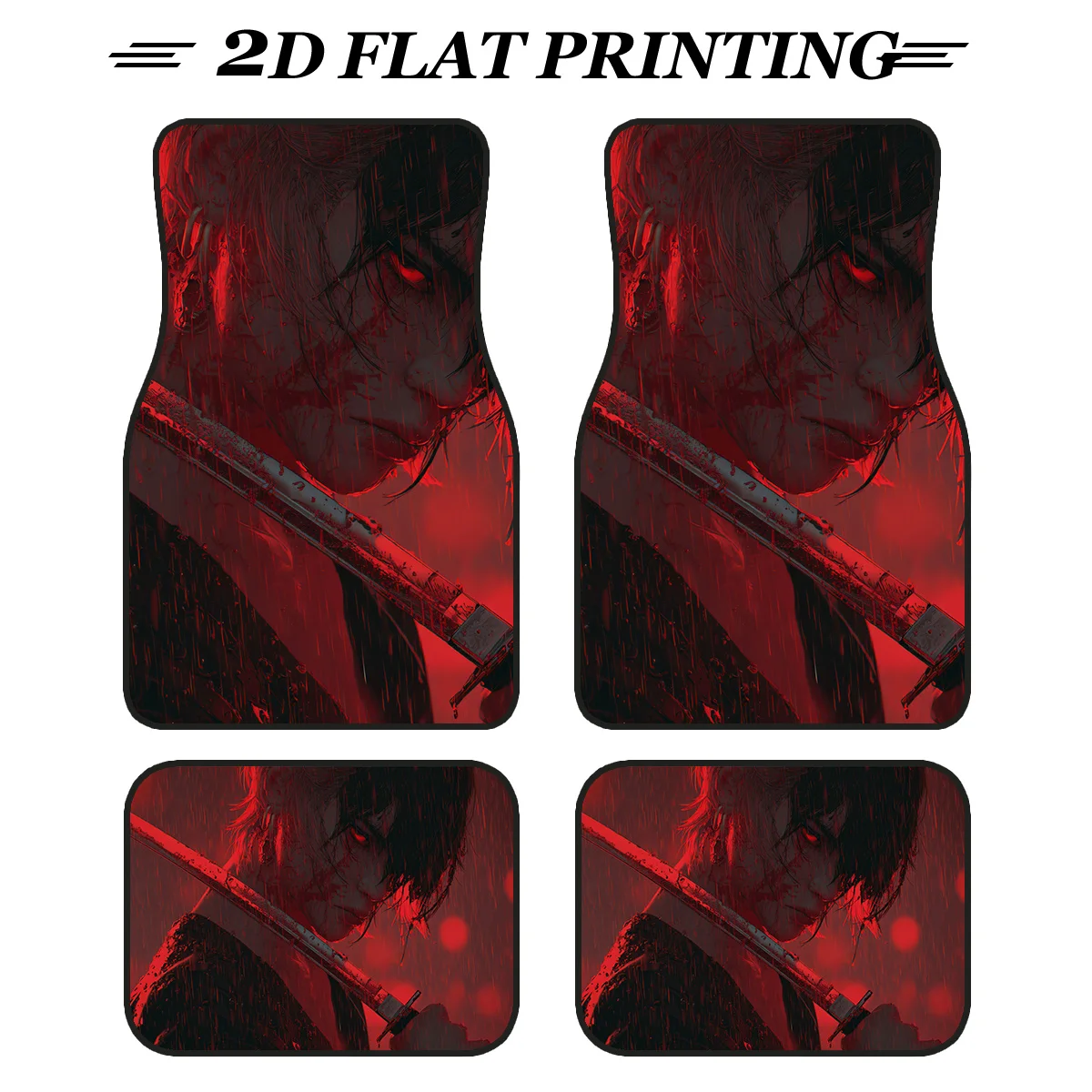 4pcs Polyester Car Mats With Red And Black Samurai Silhouette Design - Absorbent, -Slip, Washable, All-Season Use - Stylish Inte